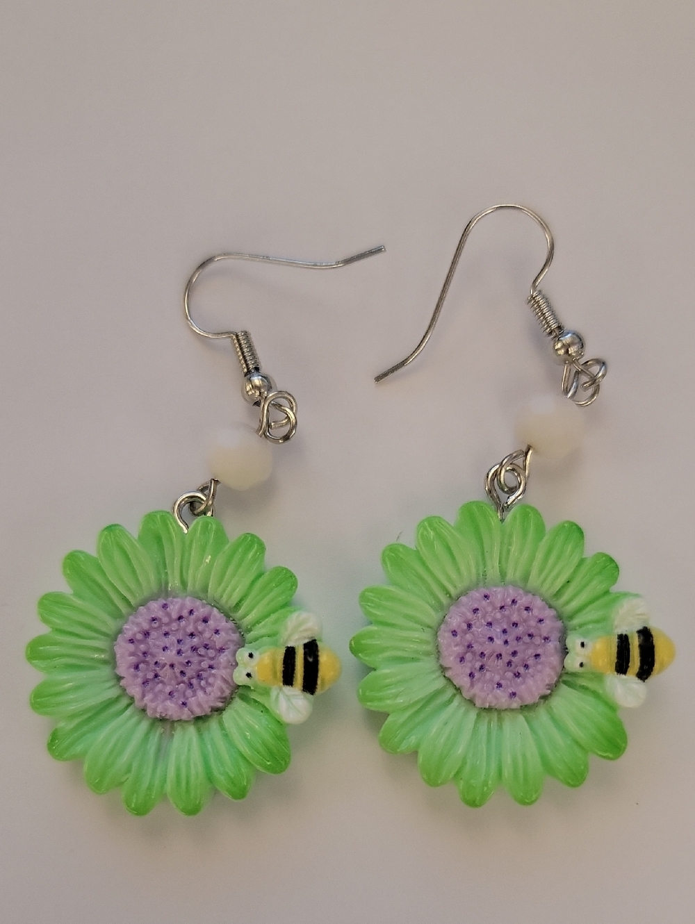 Green Daisy Bee Dangle Earrings
